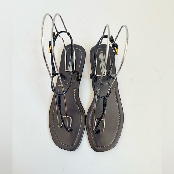 Prada Dark Navy blue leather T strap square toe flat thong sandals EU 38 - Picture 2 of 9